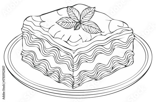 Hand drawn black and white illustration of a slice of lasagna with basil on a plate for coloring