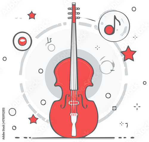 Red Cello Instrument Design with Musical Note, Orbits, and Stars in Simple Line Art