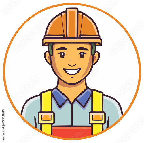 Smiling construction worker wearing a hard hat and safety vest in a circular frame