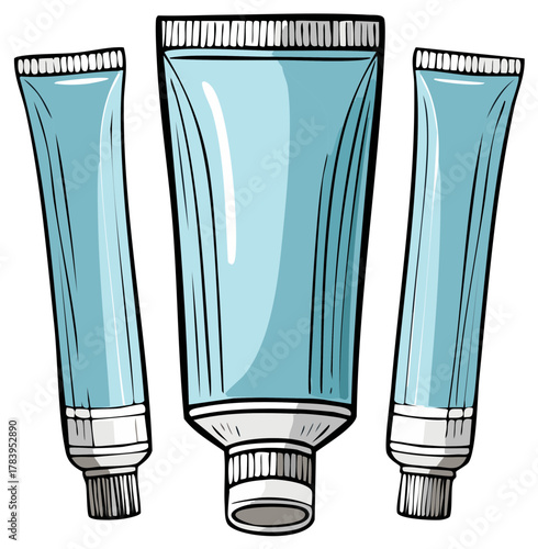 Three light blue cosmetic tubes with silver caps and ribbed texture on white