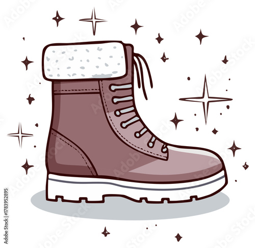 Doodle illustration of a warm and cozy lace up winter boot with a fluffy cuff surrounded by sparkles