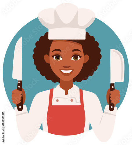 Confident chef with curly hair holding butcher knives ready to prepare gourmet meals