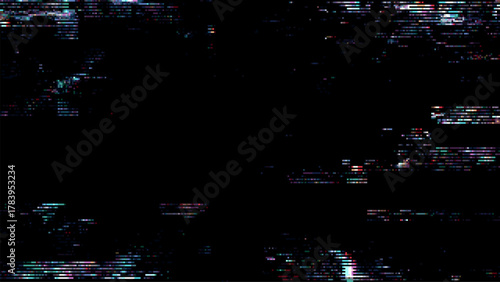 Digital glitch background vector with colorful pixel noise disruption on black screen. Abstract data error texture for modern design.