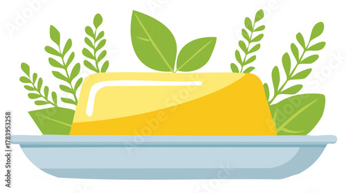 Bright yellow butter block or margarine on a blue plate with fresh green leaves vector illustration