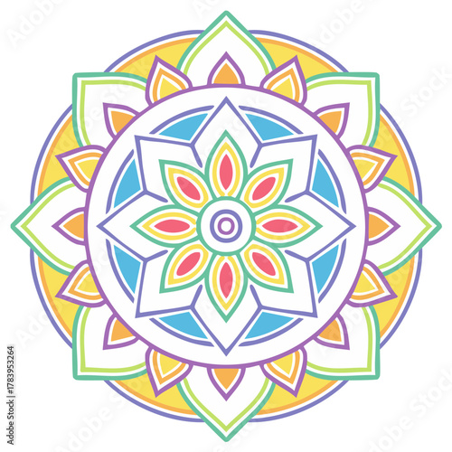Colorful geometric mandala design with flower petals and radial symmetry