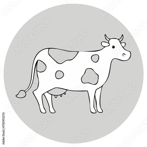 Cartoon illustration of a cow with spots inside a gray circle