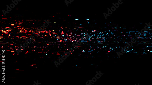 Red and blue pixelated glitch background with digital noise effect. Abstract data error or signal interference concept for technology.