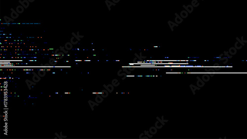 Abstract data stream glitch pixel pattern on black background for digital display distortion concept and technology theme