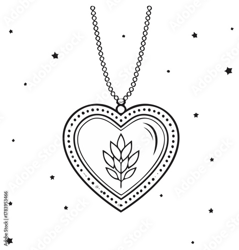 Heart-shaped locket pendant with botanical illustration and scattered stars, vector outline