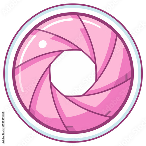 Pink camera aperture with swirling blades and a light reflection