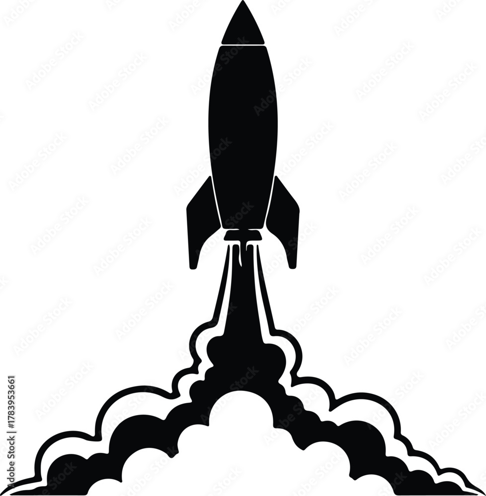 Fototapeta premium Illustrator Rocket launch with smoke black and white Silhouette vector