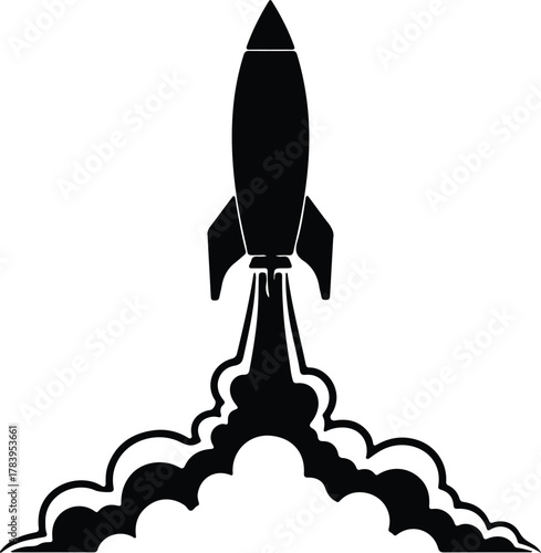 Illustrator Rocket launch with smoke black and white Silhouette vector