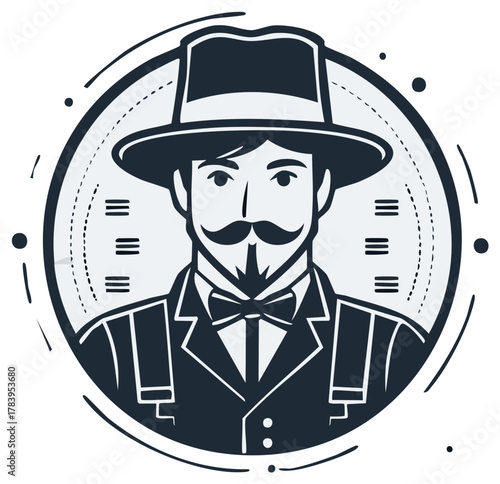 Dapper gentleman illustration with handlebar mustache wearing a fedora and suspenders
