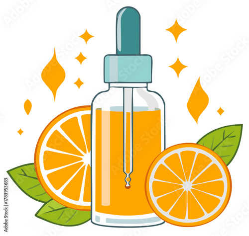 Citrus Serum Bottle with Sliced Oranges and Sparkles