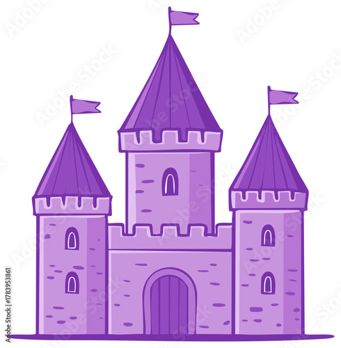 Whimsical purple fairy tale castle illustration with flags towers and an arched entrance