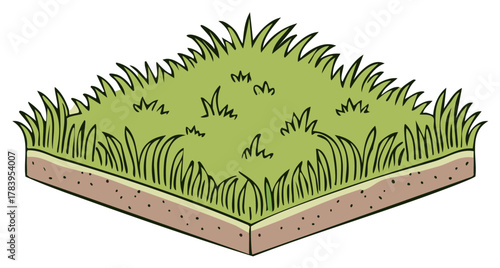 Isometric illustration of a patch of grass with soil layers below