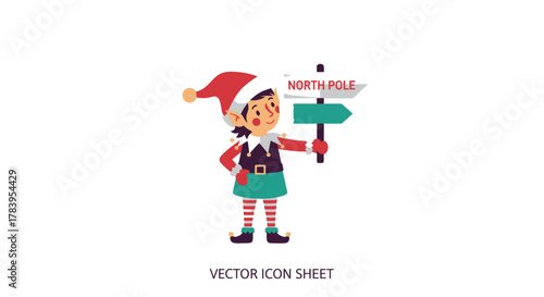 Cute Christmas Elf Character Holding North Pole Direction Signpost.