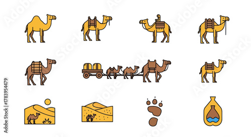 Colorful cartoon camel and desert travel vector icons set featuring dromedaries riders carts and footprints.
