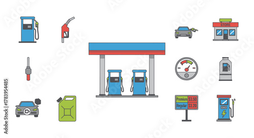 Vector Illustration of a Modern Gas Station with Two Pumps.