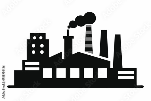 Industrial zone shows silhouette of building with tower and smoke on transparent background