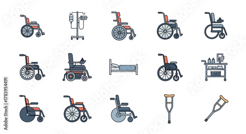 Collection of Various Wheelchairs and Medical Equipment Icons.