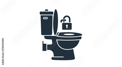 Simple black graphic icon of a toilet secured with a large padlock on its cistern.