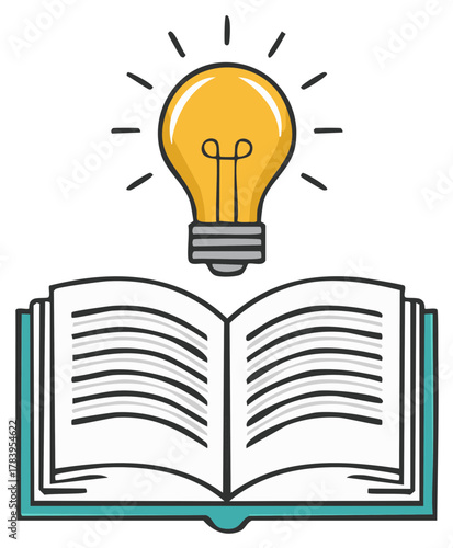 Open book with a glowing light bulb illustrates creative ideas and knowledge