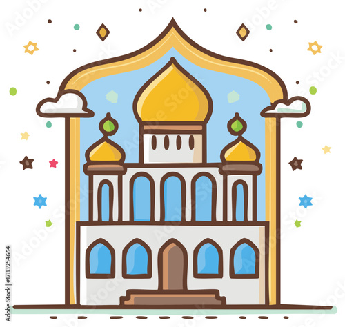 Colorful illustration of a mosque with domes and minarets adorned with stars and clouds