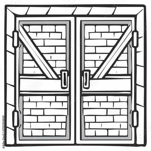 Old wooden barn doors or castle gates black and white line art illustration
