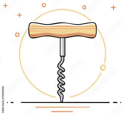 Simple illustration of a corkscrew with a wooden handle and a swirling metal worm