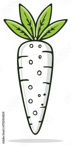 Cute cartoon white radish with green leaves on white background