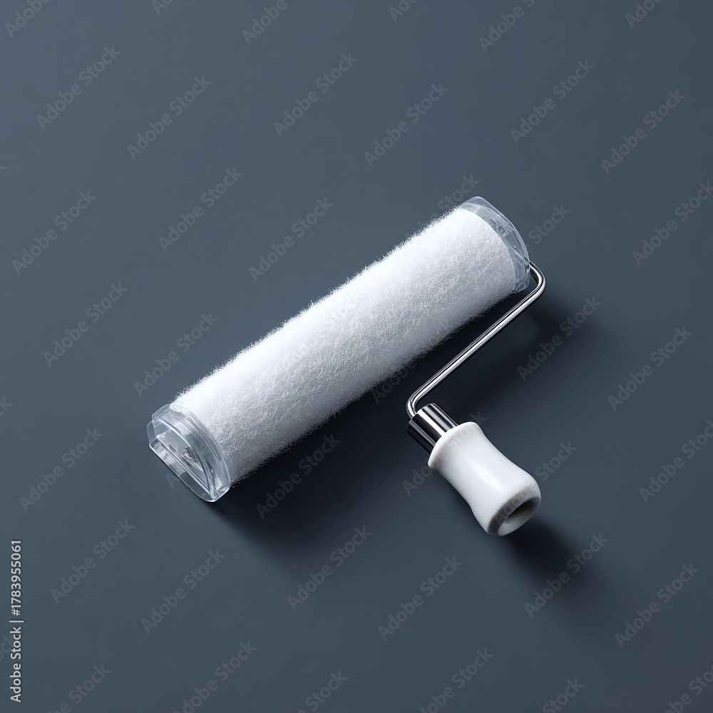 Naklejka premium Clean, minimal shot of a white paint roller on a neutral gray background. Represents renovation, DIY projects, and home improvement. Ideal for blog posts, websites or ads.