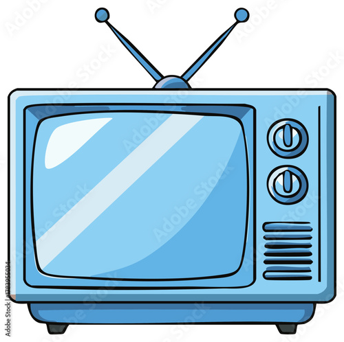 Illustration of a Blue Retro Television with Antennae and Volume Knobs