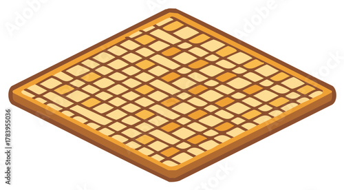 A flat woven mat in a diamond pattern with a warm brown border presented in isometric perspective