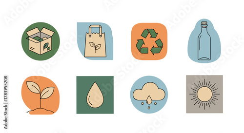 Eco-friendly icons set featuring recycling, sustainability, and nature themes