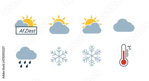 Flat weather icons set: sun, clouds, snowflakes, rain, thermometer