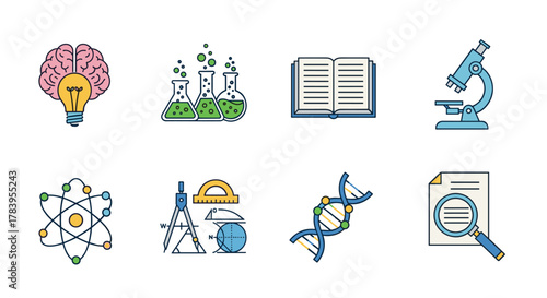 Science and education icons: brain, microscope, dna, and more in flat design