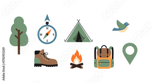 Flat camping icons: compass, tent, fire, and backpack for outdoor adventures