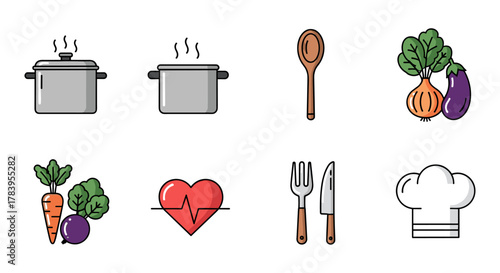 Cooking essentials icons set with vegetables, kitchenware, and heartbeat symbol