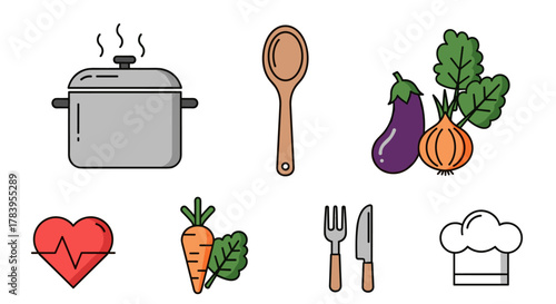 Colorful kitchen utensils and vegetables for healthy cooking with minimalist design