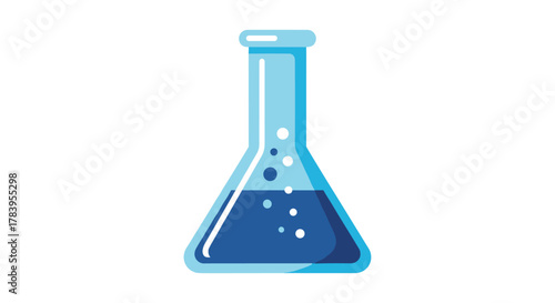 Blue laboratory flask with liquid and bubbles icon in flat design