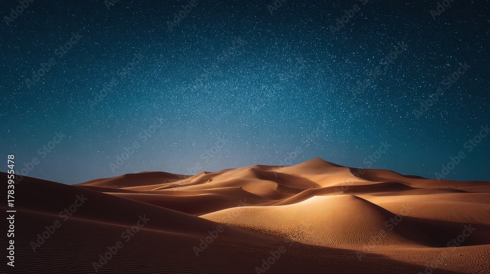 Naklejka premium A stunning view of vast sand dunes under a clear night sky. The stars sparkle brightly above, creating a serene and magical atmosphere in the desert.