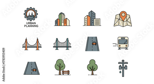 Urban infrastructure and city planning icon set for modern design projects