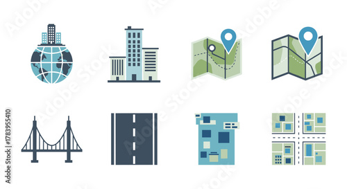 Urban planning icons: global networks, maps, and infrastructure elements