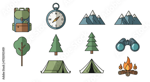 Flat style camping icons: backpack, compass, tent, campfire, mountains, and trees