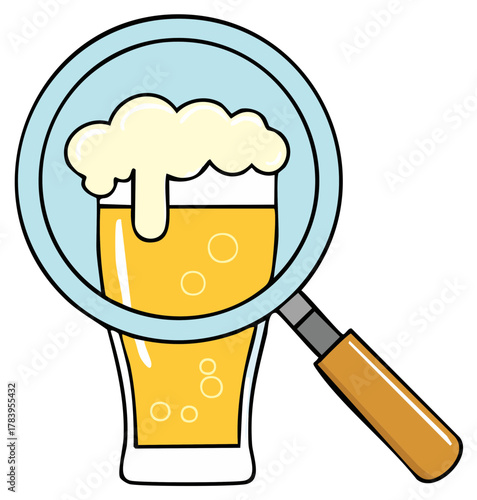 Magnifying Glass Inspecting a Fresh Glass of Frothy Beer Illustration