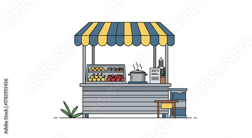 Outdoor food stall with canopy and street food assortment in colorful flat design