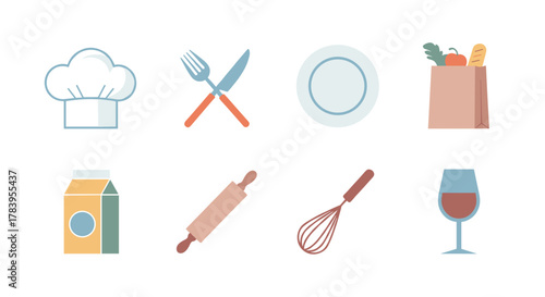 Simple flat design culinary icons featuring kitchenware, groceries, and cooking tools