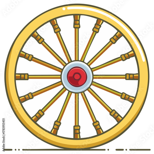 Golden Buddhist Dharma Wheel Symbol with Red Center and Blue Ring