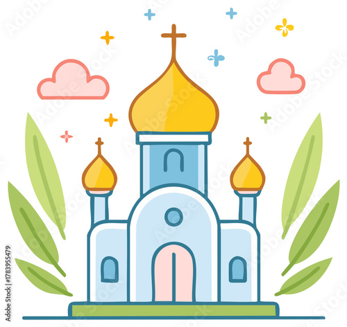 Stylized Orthodox Church with Golden Domes and Green Foliage